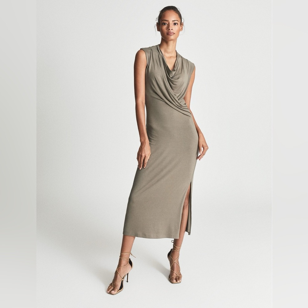 REISS Women Leanne Jersey Midi Dress Sz M Beige Sleeveless Clingy Side Slit